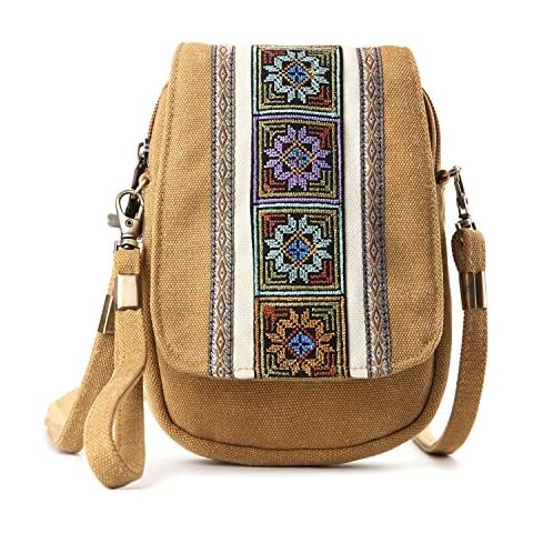 Goodhan Embroidery Canvas Crossbody Bag Cell phone Pouch Coin Purse for Women, A001 - Size Basic - Camel Yellow, OneSize Cover