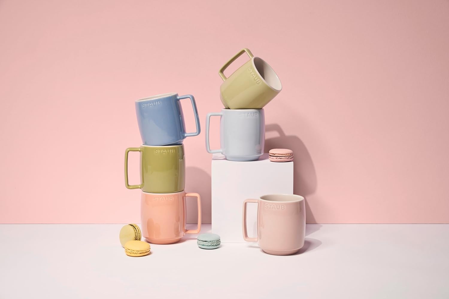 STAUB Ceramique Macaron Mugs Set of 6 Mixed Colours 350ml Dishwasher and Microwave Safe Stackable Ceramic Mixed