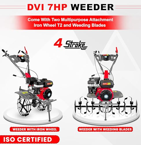 Image of DVI 7HP 4 Stroke Power Weeder with AIR Cooled Petrol Engine Suitable for Farm & Agriculture | Used for Weeding in All Types of Crops with High Carbon Metal Blades. (with Iron Wheel Type (2))