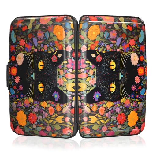 Image of Rimilak Aluminuml Credit Card Holder, Mini Credit Card Wallet RFID Blocking Slim Metal Hard Case for Women Men, Flowers Cat