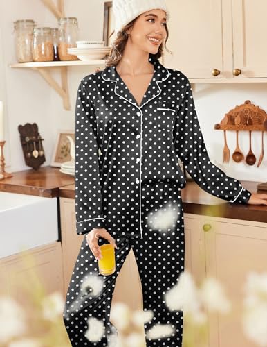 Image of Ekouaer Womens Satin Pajama Set Classic Pattern Silky Pj Sets Button Down Sleepwear Loungewear