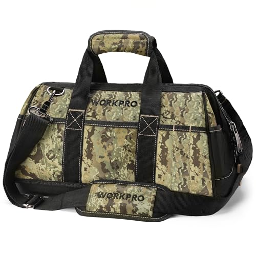 WORKPRO 16-Inch Wide Mouth Tool Bag, Tool Bags for Men with Adjustable Shoulder Strap, Waterproof Oxford Fabric and Sturdy Buttom Camo