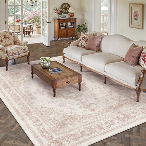 Washable Rug 6x9 Area Rug for Living Room Pink Vintage Boho Medallion Large Distressed Retro Carpet Non Slip Indoor Low Pile Small Soft Bedroom Dining Room Home Office