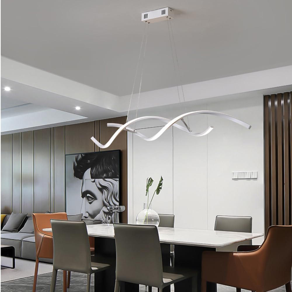 Lampadario LED Moderno 54W Dimmerabile con Telecomando | Luce Calda Naturale Fredda 3000K–6400K | Design Ondulato Regolabile Bianco/Nero | Sospensione Elegante per Cucina Sala Soggiorno (Bianco)