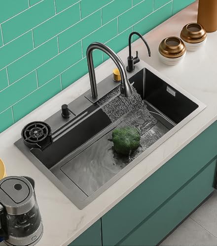 Image of COOTER 24 x 18 x 9 Waterfall Kitchen Sink Integrated Honeycomb 304 Grade With Black Matt Finish Single Bowl Multifunctional Kitchen Sink