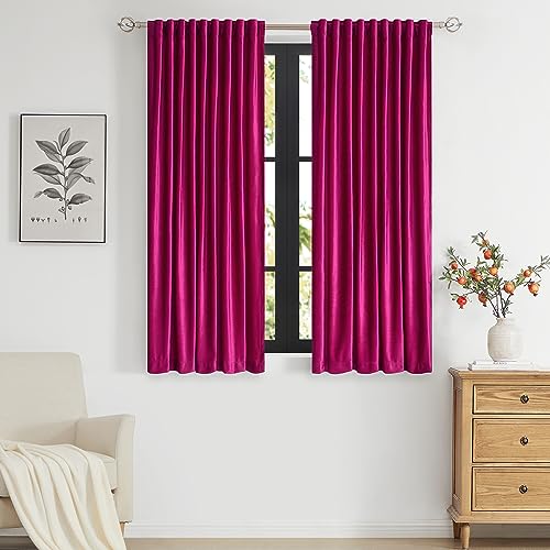 Image of PRIMROSE Hot Pink Velvet Curtains 63 inch Long for Living Room,Set of 2 Panels Blackout Rod Pocket Back Tab Window Treatment Room Darkening Heavy Decorative Curtains Drapes for Bedroom
