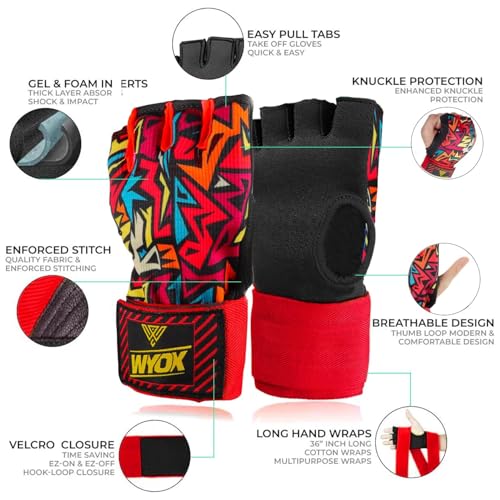 Image of WYOX Neoprene Gel Boxing Hand Wraps Inner Gloves for Men & Women - 80cm /31in Quick Wrist Strap, Padded Knuckle Protection, Fingerless MMA Muay Thai Kickboxing Wraps for Training & Martial Arts