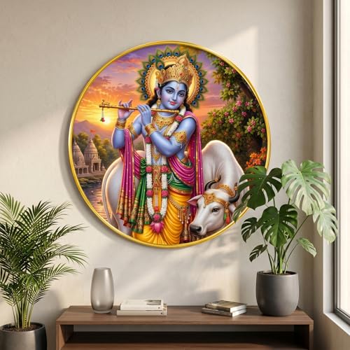 Image of SAF Lord Krishna Wall Painting with PVC Round Frame | Sparkle Laminated Flute Playing Krishna with Cow Artwork | Hindu Spiritual Wall Decor for Home Temple Living Room Bedroom Gift