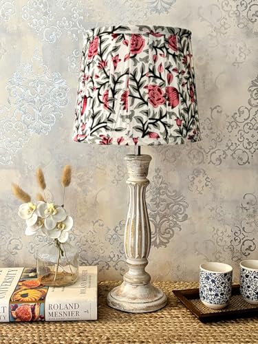 Image of Green Girgit Athens Wooden Lamp in Distress White Color with Pleeted Multiolor Pink Rose Shade, Vintage Style Table Lamp with Floral Print Shade, Decorative Bedroom Lighting (LED Bulb Included)
