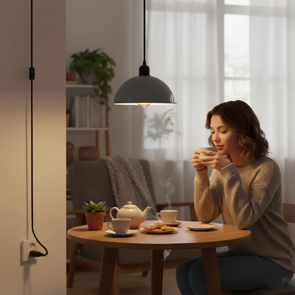 Plug in Pendant Light,13.1FT Hanging Light with Plug in Cord,On/Off Switch,Adjustable Pulley,E26 Base Industrial Dome Lamp for Table,House plant,Grow lights, Kitchen Island, Sink,Bedroom, Dining,Bar