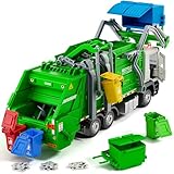 Yewkou Garbage Truck Toy, Friction Powered Recycling Vehicles with Lights & Sounds, Includes 2 Dumpsters, 4 Trash Bins, 60 Garbage Sorting Cards, Great Gift for Boys Girls Kids Age 3 Years and Up