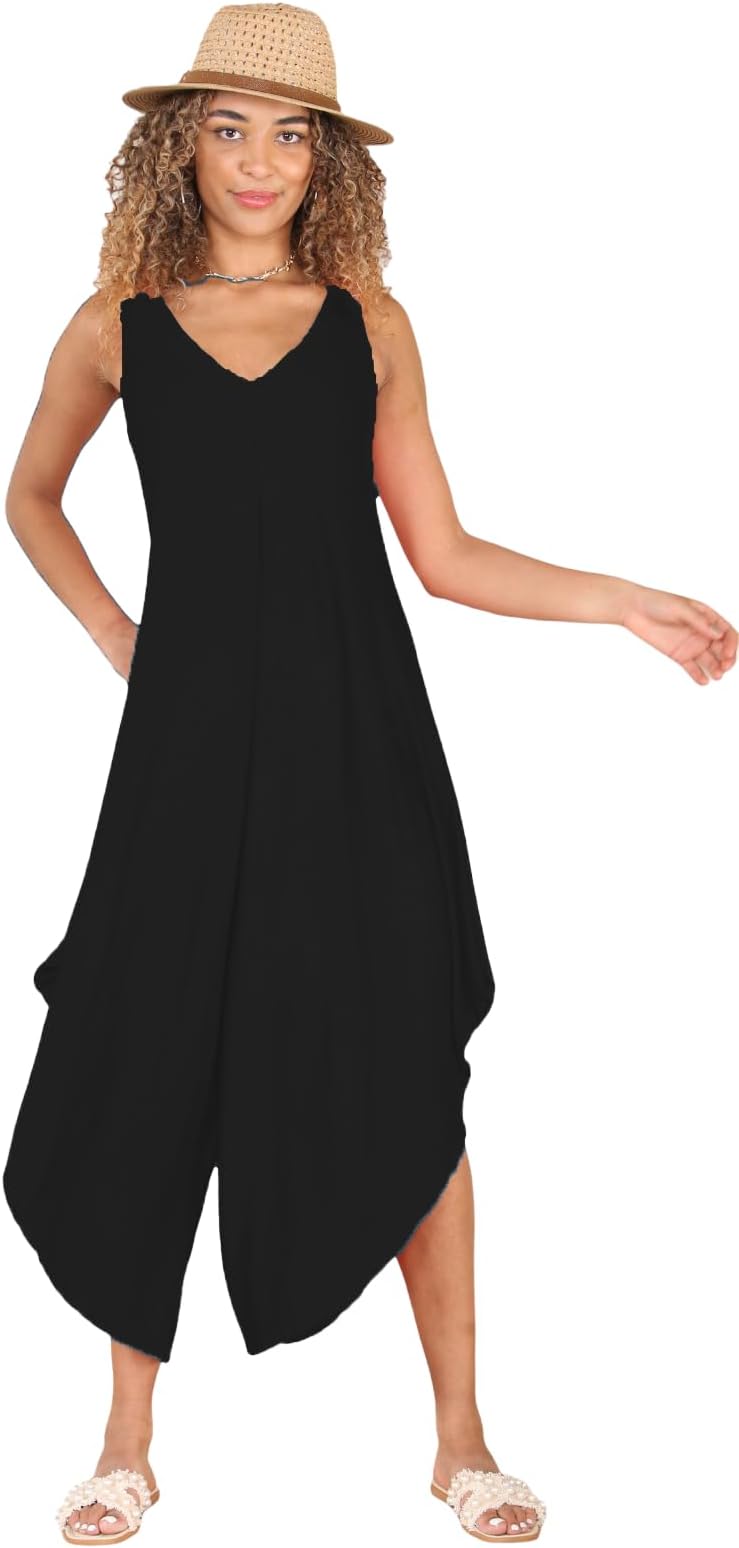 STAR FASHIONWomen's Sleeveless Plain V-neck Jumpsuit Long and Lightweight Comfy for Summer Beach Party Causal Lagenlook Ladies Wide Leg Flowy Romper Overalls