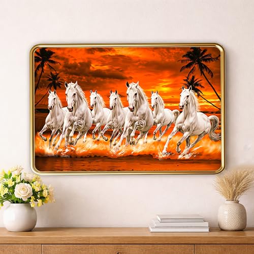 Image of XOPY Seven Running Horses with Golden Frame | Vastu 7 horses Raw Pyrite Painting for Home, Office & Living Room Wall Decore | 12X18 Inch Sparkle Laminated Frame | Best For Gifting (53317, 12X18)