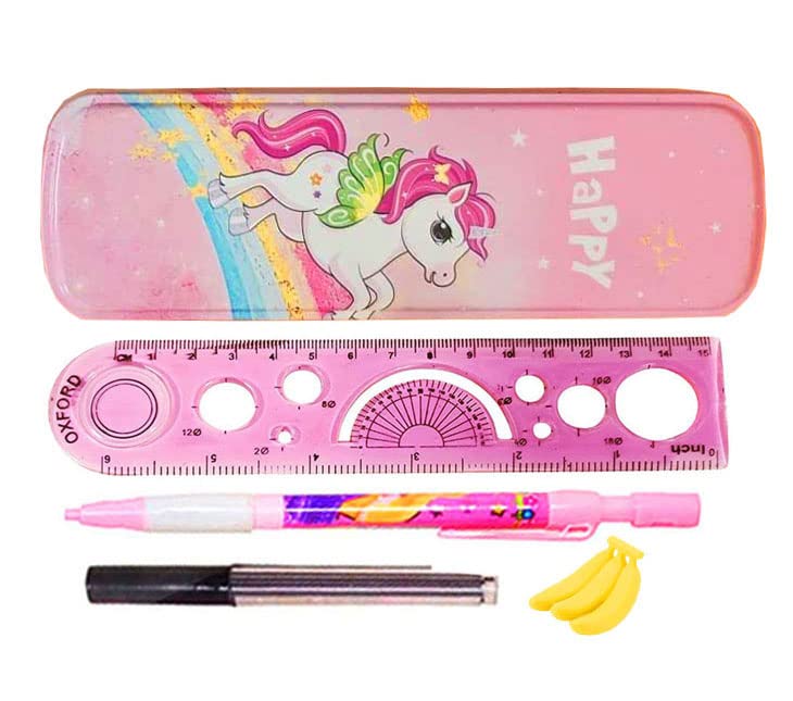 Image of Neel Unicorn Theme Return Gift Set for Girls Unicorn Metal Geometry Box for Girls Kids, Scale Ruler, Machenical Pencil with Lead & Designer Eraser Party Favour Gift Birthday Gift Sets (1 Set), Pink
