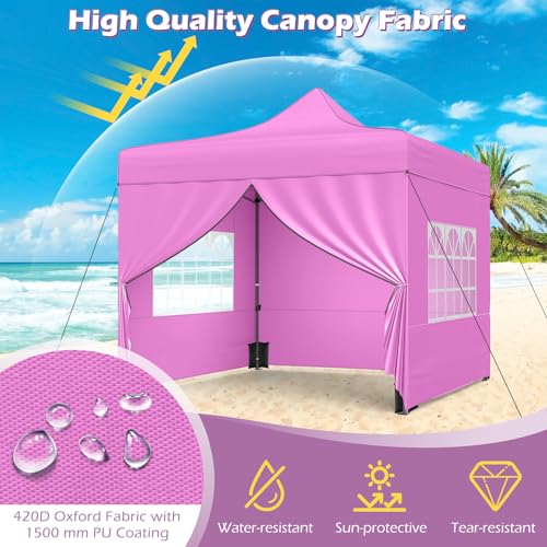 Image of Tangkula 10x10 FT Pop Up Canopy, Outdoor Tent with 4 Removable Sidewalls, Carbon Steel Frame, 4 Sandbags, 8 Stake & 4 Ropes, Wheeled Bag, Portable Canopy Tent for Party Event Camping (Pink)