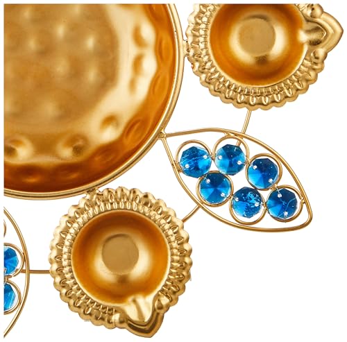 Image of Amazon Brand - Solimo Diya Shape Iron Flower Decorative Urli for Home | Handcrafted | Golden | Blue Stone