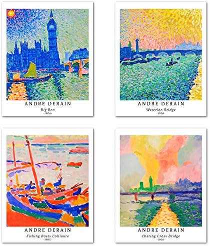 Berkin Arts Wall Art Unframed Prints Giclee Art Paper Set of 4, 11x14 inch Landscape Artwork, Home Decoration Vintage Multicolor Aesthetic Pink Cityscape Seascape Birthday Gift Andre Derain Prints