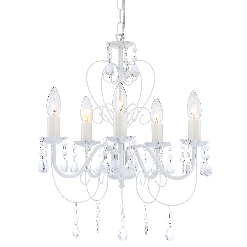 Pendelleuchte weiß Kristall Lampe Kronleuchter Wohnzimmerleuchte Deckenleuchte Hängelampe, 5-flammig hängend, 5x E14, DxH 44x129 cm