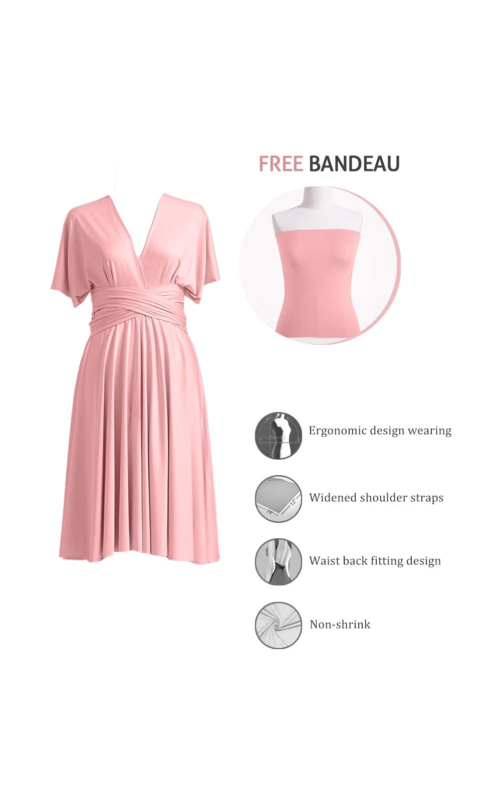 72styles Vestido corto cruzado multidirección, infinito, para damas de honor, Rosa (Dusty Rose), M