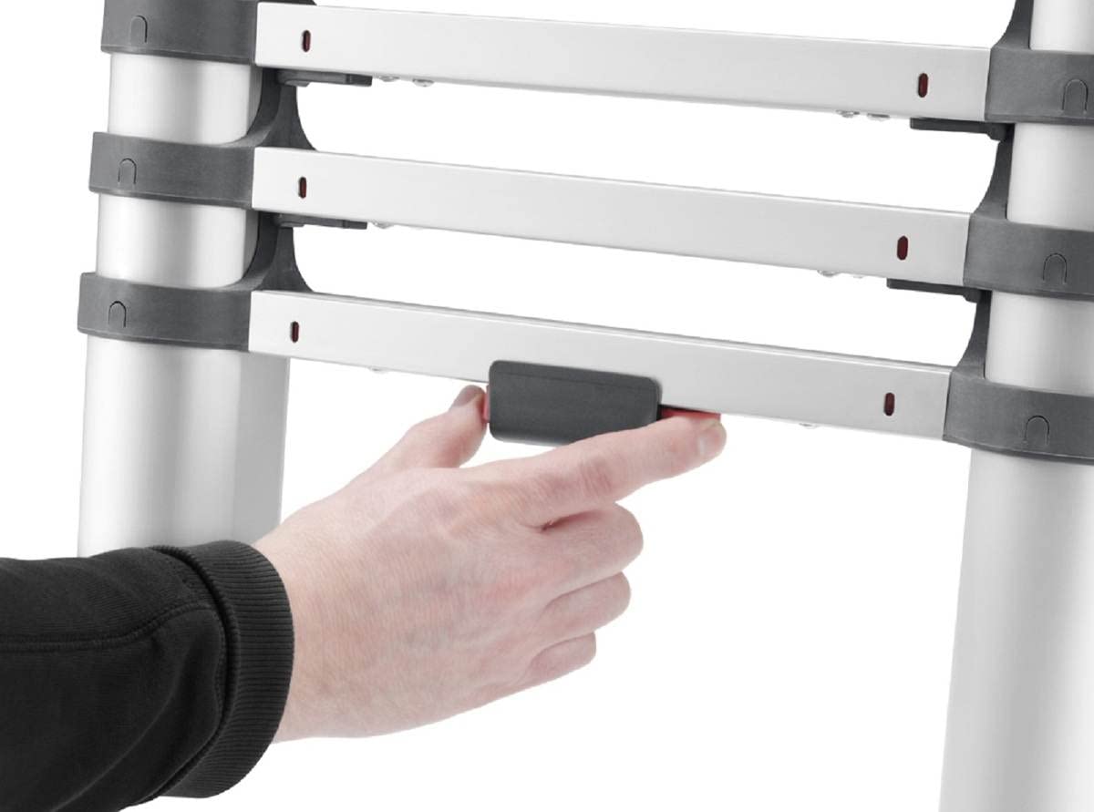 Hailo Teleskopleiter FlexLine, 1x13 Sprossen bis 150 kg, rostfreie Alu Leiter bis 3,80 m Leiterhöhe einstellbar, Silber, platzsparend zu Verstauen, Aktuelles Modell T80