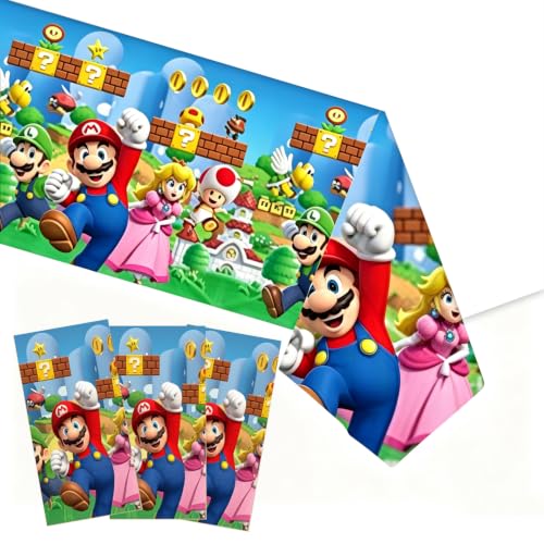 Zilemoon 3 Packs Super Bro Birthday Tablecloth Decorations Plastic Waterproof Tablecloths Mario Party Supplies for Boys Girls