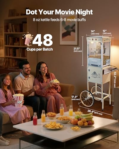 Image of VEVOR Popcorn Machine with Cart, 8oz Stainless Steel Kettle, 800W Commercial Popcorn Maker, 48 Cups per Batch Theater Style Popper, with 2-Button Control Glass Wall PC Door 1 Scoop 3 Spoons, White