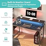 Lufeiya Black Gaming Desk with LED Lights and Power Outlets, 40 Inch Teen Writing Study Table Home Office Desks with Monitor Stand, Computer Desk with Charging Station USB Port, Black - Image 5
