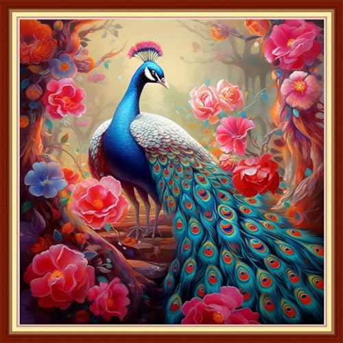 Image of DMCVIVR Stamped Cross Stitch Kits for Beginners Adults Needlepoint Kits for Beginners Embroidery Kits for Adults Crossstitch Kit for Beginners 11CT-Peacock Flowers 18x18 inch