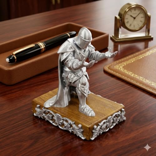 Image of Knight Pen Holder Sculpture Eco PLA Water Resistant Scratch Resistant Desk Organizer 5x4x3 Inches Satin Silk Metallic Finish Medieval Armour Decorative Tool Stand (Sacred Silver - Teak Wood)