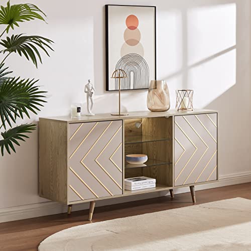 Roomfitters 65" Mid Century Modern Tv Stand With Storage, Entertainment Center With Led Lights, Sideboard Credenza Buffect Cabinet, Media Console For Living Room (Geometric Grey, Gold Inlayed) #TOP4