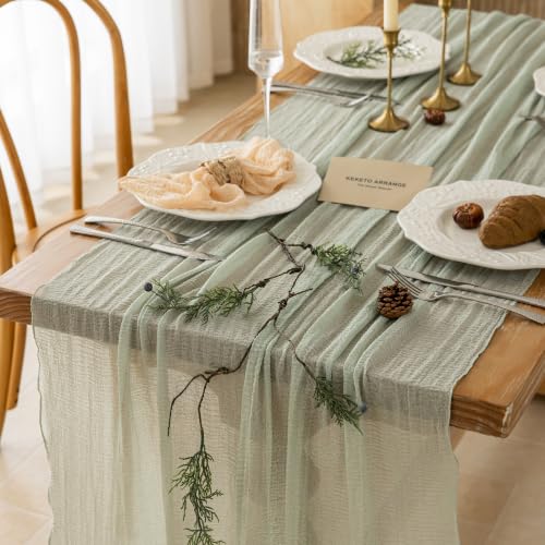 Image of 2Pcs Sage Green Cheesecloth Table Runner 120 Inches for Party Home Decor