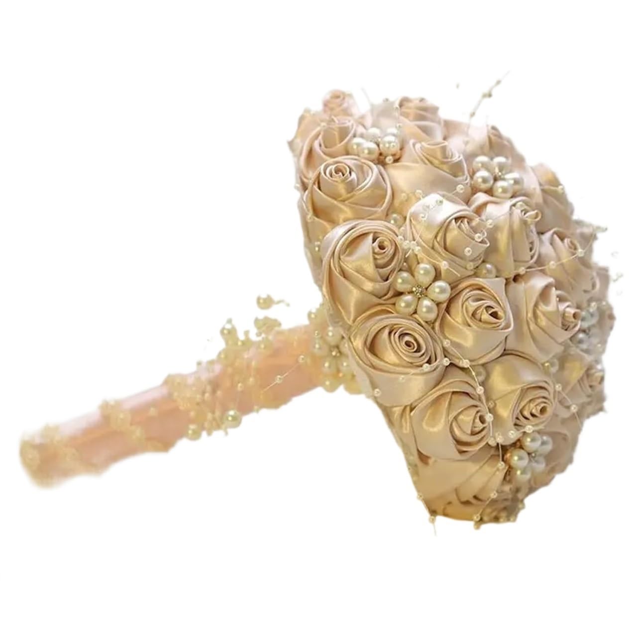NDLHXKFRP Wedding bouquets for brides and bridesmaids, Artificial Rose Bridal Bouquet Multicolor Pearl Beaded Ribbon(Champagne)