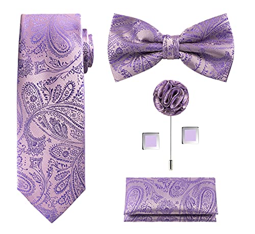 TIE G 5pcs Tie Set in Gift Box : Woven Paisley Necktie Satin Bow Tie Pocket Square Lapel Cuff Links (B-Lavender Solid Paisley)