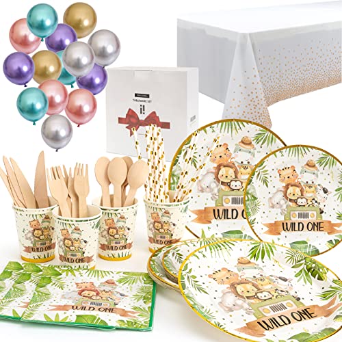 Ensemble de vaisselle jetable pour fête - Animaux de la jungle - Fournitures de fête - Nappes jetables, gobelets en carton, assiettes, pailles, serviettes, couverts, ballons (12 invités) Cover