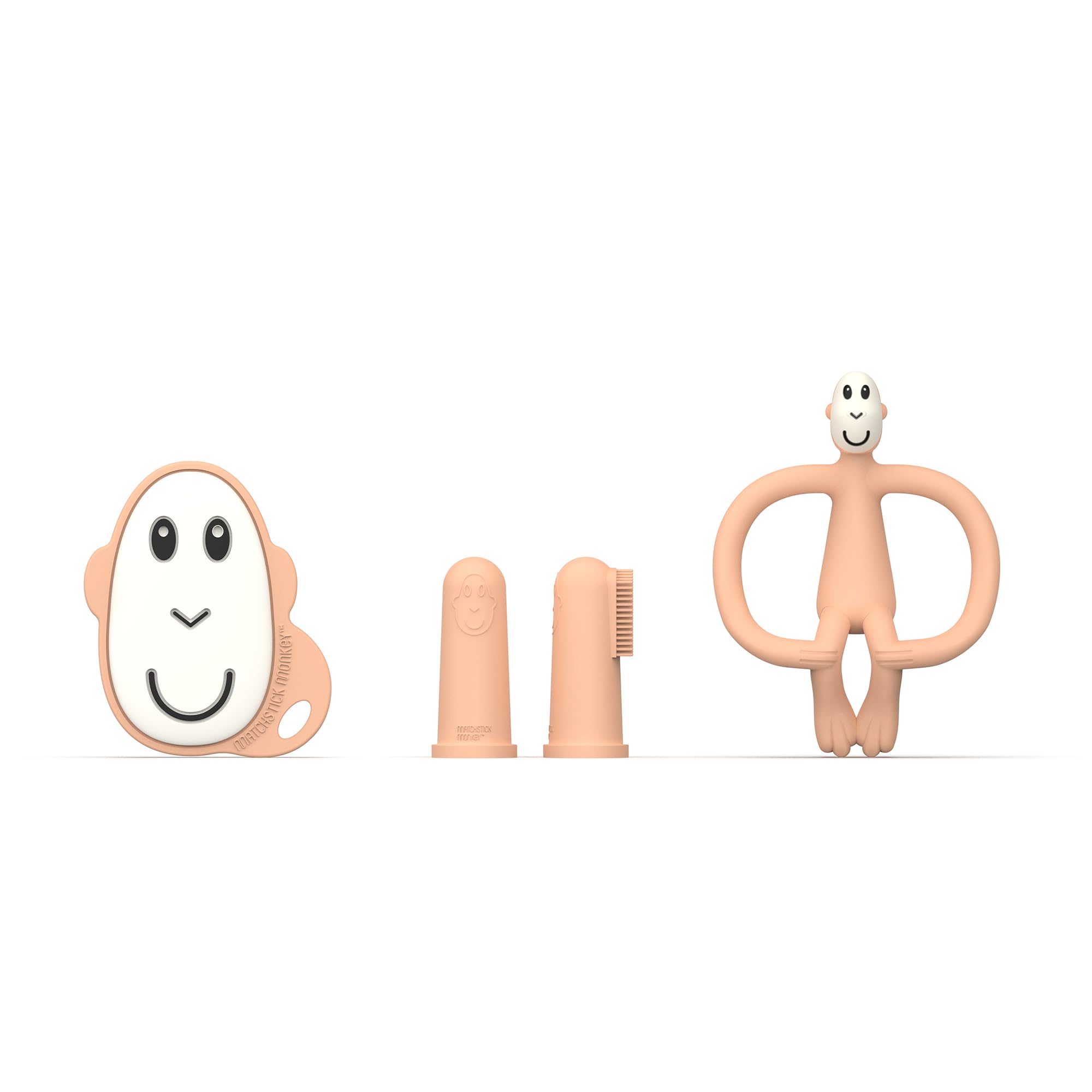 Matchstick Monkey, Antimicrobial Teething Starter Set, 1 Flat Face Teether, 1 Animal Teether, 2 Silicone Finger Toothbrushes