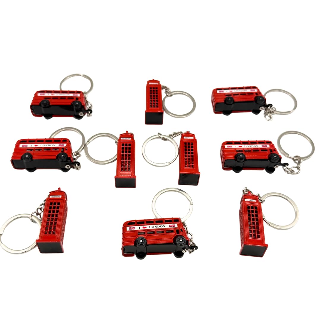 London Souvenir Keychain Set – 10 Pack Red Double Decker Bus and Telephone Booth Keyrings | I Love London British Travel Gifts, UK Memorabilia, Tourist Souvenirs, Favors, Gift for Friends and Family