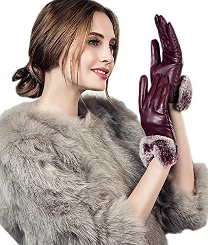 Image of Krystle Devil Women's & Girl's PU Warm Gloves Rabbit Fur Wrist Mittens (Wine Red; Free Size)