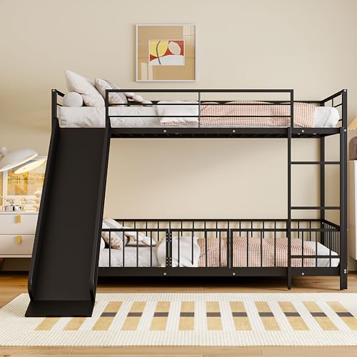 Harper & Bright Designs Metal Bunk Beds Twin Over Twin with Slide for Kids, Heavy Duty Low Bunk Beds with Safety Guardrail, Small Door and Ladder for Girls Boys, No Box Spring Required,Black
