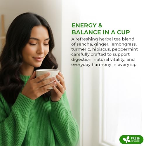 Image of FreshDrinkUS, Premium Green Ginger Tea | 75 Tea Bags | Sencha Green Tea with Ginger, Lemongrass, Turmeric, Hibiscus & Peppermint | Natural Herbal Blend | Comfort & Refreshing, Vegan
