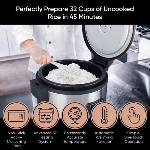 Commercial-Stainless-Steel-Rice-Cooker-Professional-64-Cup-Cooked-32-Cup-Uncooked-Rice-Maker-Cooker-With-Non-Stick-Pot-Hinged-Lid-Includes-a-Rice-Measuring-Cup-Rice-Scoop