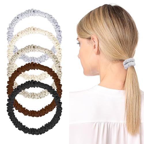 Giantree 5 Pcs Pure Mulberry Silk Hair Ties - 19 Momme Skinny Scrunchies for Sleep No Damage Ponytail Holders for Women and Girls