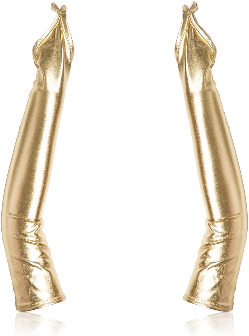 Womens Long Metallic Sexy Wet Look Elbow Gloves for Halloween