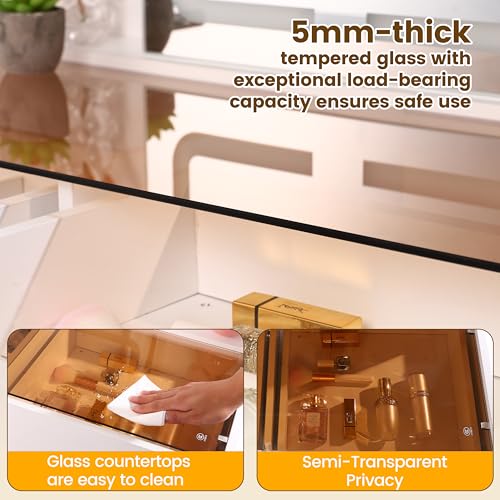 Image of Makeup Vanity Desk with LED Mirror & RGB Lights, White Modern Bedroom Vanity Set Glass Top Vanity Table for Women, Adjustable Brightness & 3 Color Modes, 2 Drawers Storage