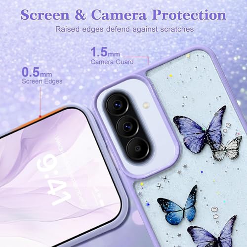 Image of VONZEE for Samsung Galaxy A57 Clear Glitter Butterfly Case, Cute Bling Sparkle Shiny Soft Silicone TPU Bumper Shockproof Women Girls Slim Protective Phone Cover for Samsung Galaxy A57, Purple