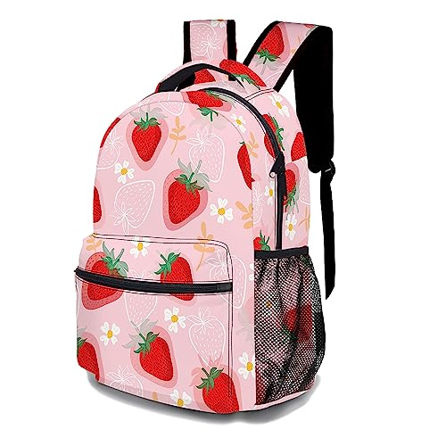 Cute Strawberry Backpack, Casual Lightweight Laptop Bag, Classic Shoulders Backpack Cool Daypack with Multiple Pockets (Strawberry & Daisy)