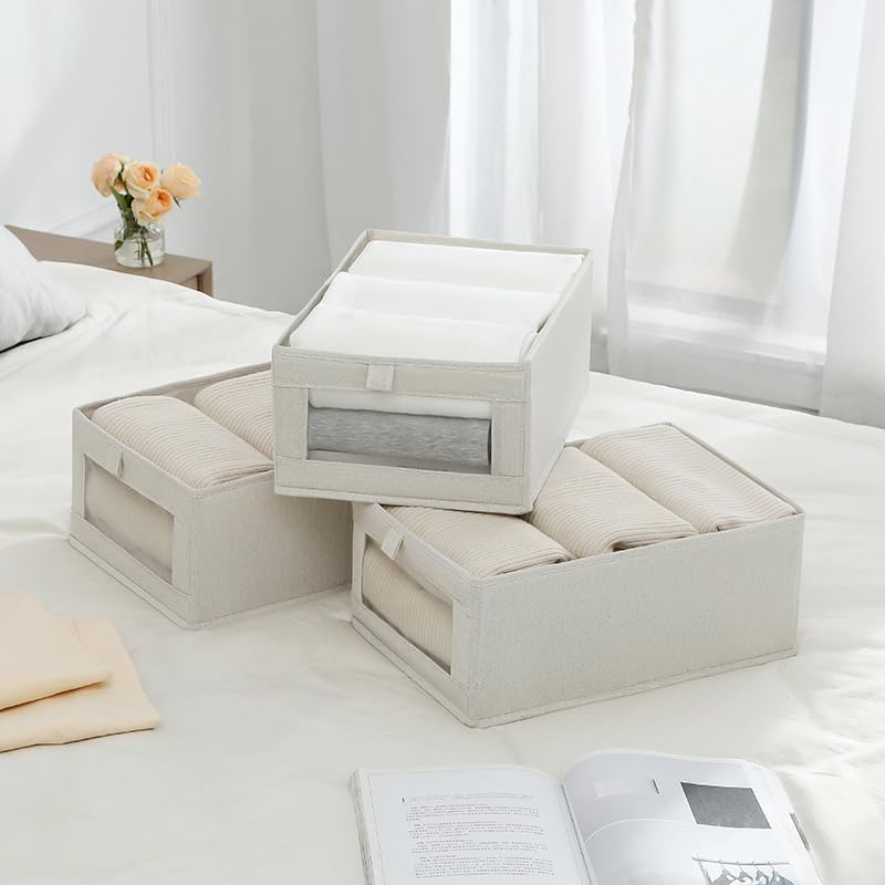 Miniatura 6 de Coloch Paquete de 6 contenedores de almacenamiento de lino con ventana transparente, caja de almacenamiento plegable para armario, organizador de