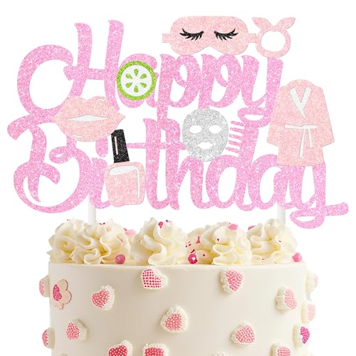 Spa Birthday Cake Decoration Spa Themed Cake Topper Makeup Party Decorations Glitter Pink Spa Day Mask Cake Picks for Makeover Slumber Sleepover Birthday Party Supplies by umoni - Image 2