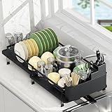 Rottogoon Expandable Dish Drying Rack Multifunctional Adjustable Dish Drainer with Swivel Spout and Anti-Rust Dish Rack with Removable Cutlery Cup Holders for Kitchen Counter Black