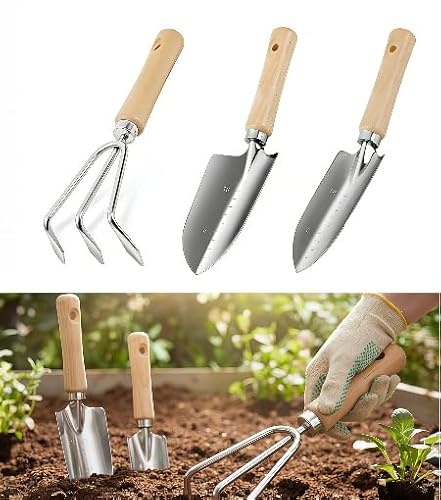 3-Piece Garden Tools Set, Gardening Plant Hand Tool Set with Wooden Handles, Trowel, Shovel and Hand Rake for Digging, Planting and Weeding, Perfect Essential Gardening Kit for Men and Women Gardener