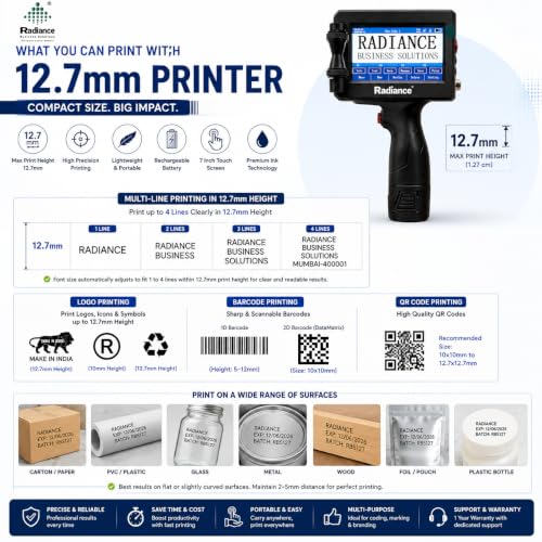 Image of Radiance Business Solutions ABS Lite Handheld TIJ Printer - 12.7mm Portable Batch Coding Machine - Lightweight Ergonomic Design with 4.3 Inch Touchscreen - for Expiry Date, MRP, Logos & QR Codes